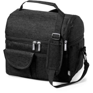 A black cooler bag with a zippered main compartment, front pocket, and adjustable shoulder strap. It features a logo.