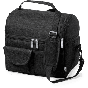 A grey cooler bag with dual zippers, a front pocket, and a detachable shoulder strap. Features branding on the side.