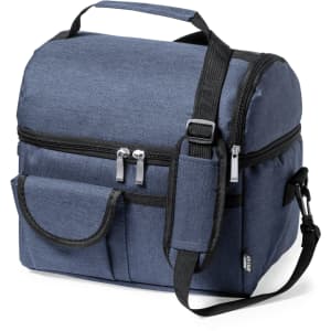 A blue cooler bag with a top handle and adjustable shoulder strap, featuring multiple pockets and a zippered closure.