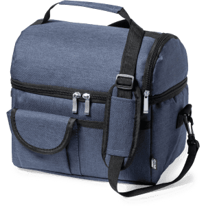 A blue cooler bag with a zipper closure, adjustable strap, and front pocket. It has a logo on the side.