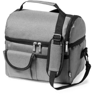 A grey cooler bag with a zippered compartment, adjustable strap, and side pocket. It features branding on the front.