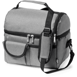 A grey cooler bag with a shoulder strap, zipper closure, and front pocket. It features a logo on the side.