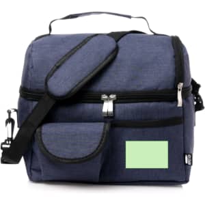 A navy blue cooler bag featuring a zippered main compartment, a front pocket, and an adjustable shoulder strap.