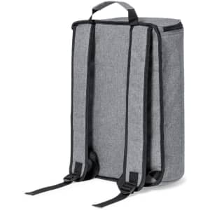 A grey cooler bag backpack with black straps and a carry handle at the top. It features a logo.