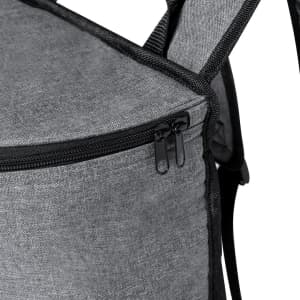 A grey cooler bag backpack with a zippered compartment and adjustable straps. It features a logo.