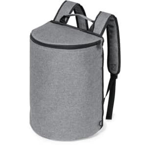 A grey backpack cooler bag with a rounded top and adjustable straps, featuring a logo on the side.