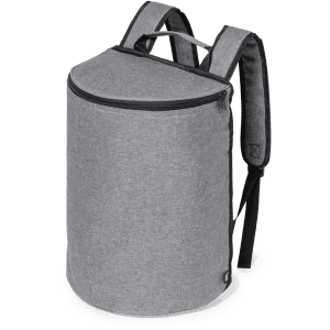 A grey cooler bag backpack features a rounded top and adjustable straps, suitable for carrying refreshments.