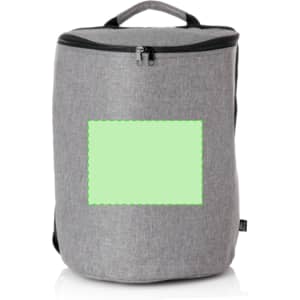 A grey cooler bag backpack featuring a zippered top and a handle, with a blank area for branding.
