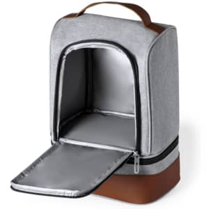 A grey cooler bag with a zipper, featuring a silver interior and a brown base. It has a top handle for easy carrying.