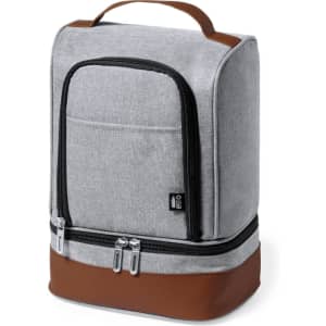 A grey cooler bag with a brown base, featuring a zippered compartment and a front pocket. It has a handle for carrying.