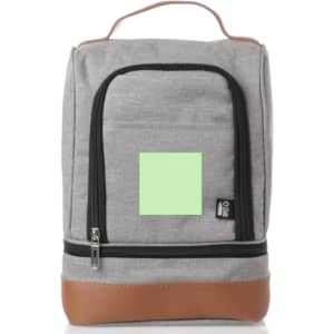 A grey cooler bag with a brown base and a zippered front pocket, featuring a branding logo.