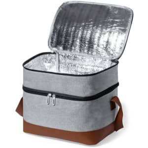 A grey cooler bag with a silver-lined interior and brown accents, featuring a zip closure and carrying handles.