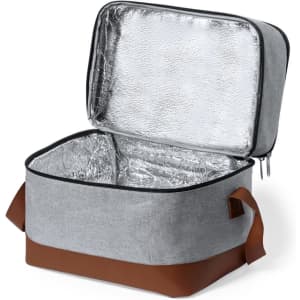 A grey cooler bag with a brown base and handles, featuring a shiny silver insulated interior.