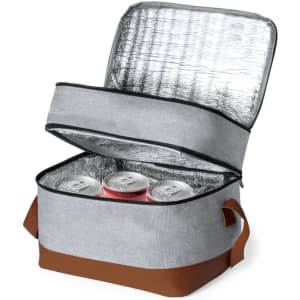 A grey cooler bag with a brown base, opened to reveal four cans inside, featuring a reflective lining and a carry handle.