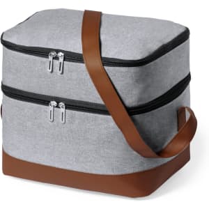 A grey cooler bag with two compartments, featuring a brown strap and zippers. It also has a logo on the side.
