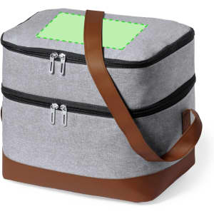 A grey cooler bag with two zip compartments, featuring a brown strap and a spot for branding or labels.