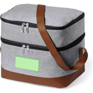 A grey cooler bag with two zippered compartments and a brown strap, featuring a branding area.