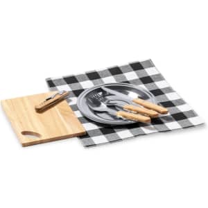 A wooden cheese board, stainless steel cutlery, and a checkered picnic napkin.