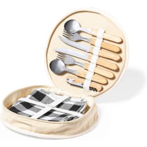 A picnic set featuring stainless steel cutlery, wooden handles, a checkered cloth, and a corkscrew in a round carry case.