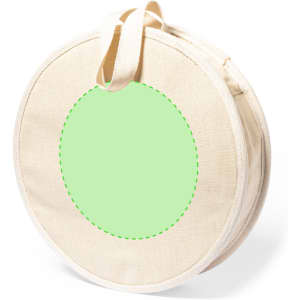 A round, cream-coloured picnic set bag with a handle and a circular area for branding.