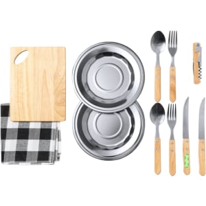 A wooden cutting board, two stainless steel bowls, cutlery set with wooden handles, and a checkered cloth.