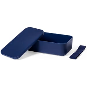 A navy blue lunch box with a removable lid and a strap for secure closure. It has a simple design and no branding visible.