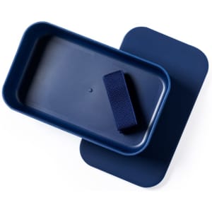 A navy blue lunch box with a matching lid and a textured blue strip for easy opening. It features a logo.