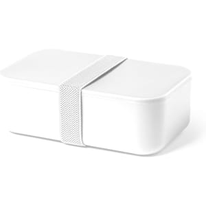 A white lunch box with a textured strap, featuring a rectangular design and smooth surface.