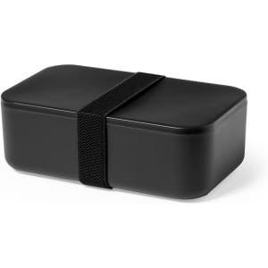 A black lunch box with a secure strap, featuring a sleek and simple design. It has a subtle logo on the side.