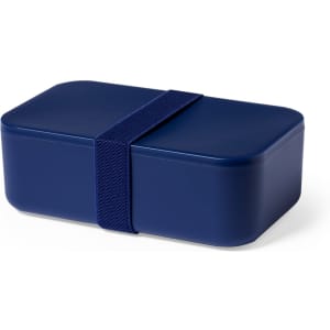 A navy blue lunch box with a secure strap, featuring a simple design. It includes a branding logo.