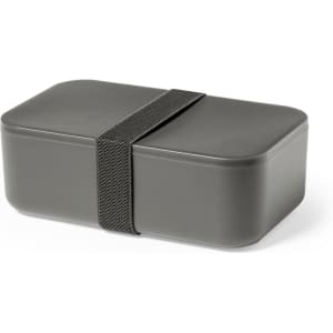 A dark grey lunch box with a removable strap, featuring a sleek, rectangular design.