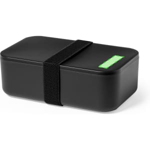 A black lunch box with a secure strap, featuring a simple design and a logo on the side.