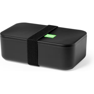 A black lunch box with a secure strap and a small logo on the lid.