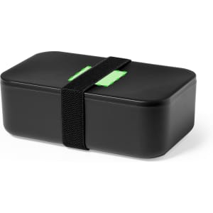 A black lunch box with a green accent and a black strap for secure closure. It has a simple, sleek design.