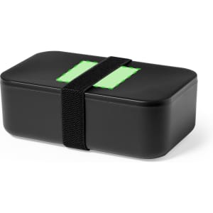 A black lunch box with a strap, featuring two green labels on top. It has a simple, sleek design.