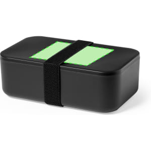 A black lunch box with a green accent and a black strap for secure closure. It features a logo on the surface.