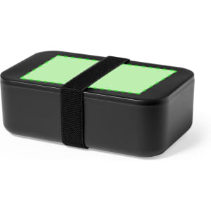 A black lunch box with a green accent and a strap for securing the lid. It features a logo on the surface.
