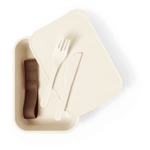 An off-white lunch box with a fork and knife, featuring a brown strap. It has a clean, minimalistic design.