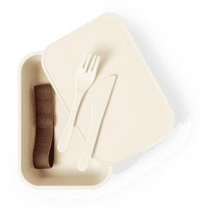 A beige lunch box with a removable lid, containing a fork, knife, and a brown strap for easy carrying.