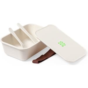 A cream-coloured lunch box with a brown strap, featuring two compartments and a lid. It has a logo on the side.