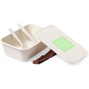 A beige lunch box with a brown strap, featuring a removable lid and two compartments inside. It has a space for branding.
