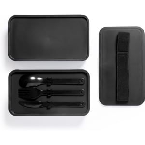 A black lunch box with a strap, containing a spoon, fork, and knife. The utensils are also black.