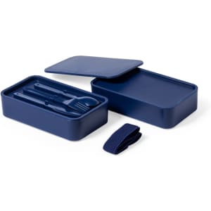 A navy lunch box with a matching lid and a set of utensils, including a spoon, fork, and knife. It has a branding logo.