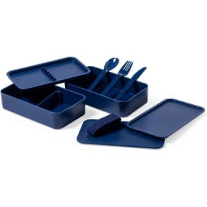 A navy lunch box set featuring multiple compartments, a strap, and cutlery including a fork and spoon.