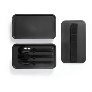 A black lunch box with a strap, containing a fork, spoon, and knife in a matching black colour.