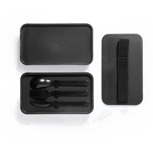 A black lunch box with a sleek design, featuring a fork, spoon, and knife inside, along with a strap for easy carrying.