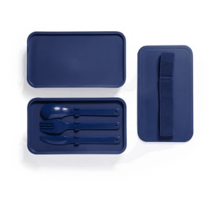 A navy lunch box with a removable lid and integrated utensils including a spoon, fork, and knife. It also features a strap.