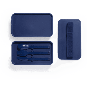 A navy lunch box with a lid, containing utensils: a fork, spoon, and knife, along with a strap.