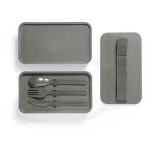 A grey lunch box with three utensils: a fork, knife, and spoon. It features a lid and an elastic strap.