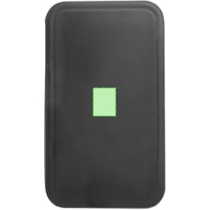 A black lunch box featuring a centred logo. Its sleek design is suitable for carrying food.